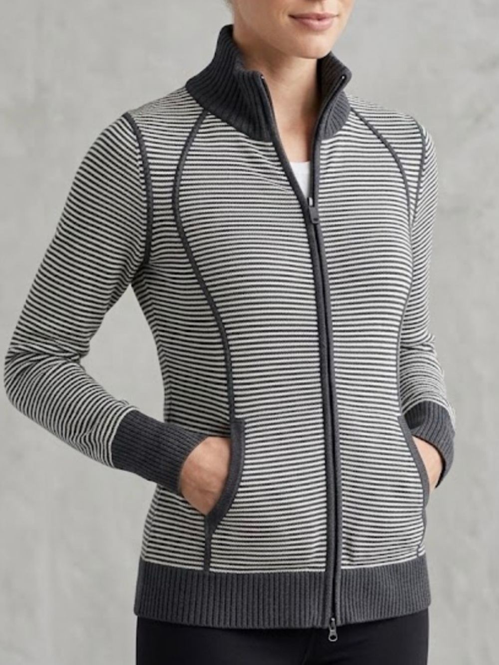 Eddie Bauer Charcoal Grey & Off White Double Zipper Knit Sweater Jacket Size S